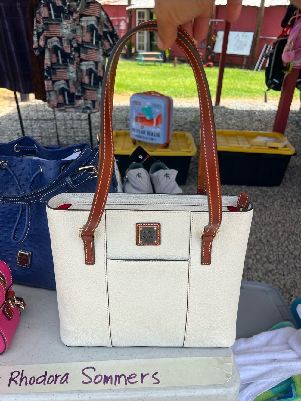 Dooney & Bourke White Pebbled Leather Tote with Brown Handles